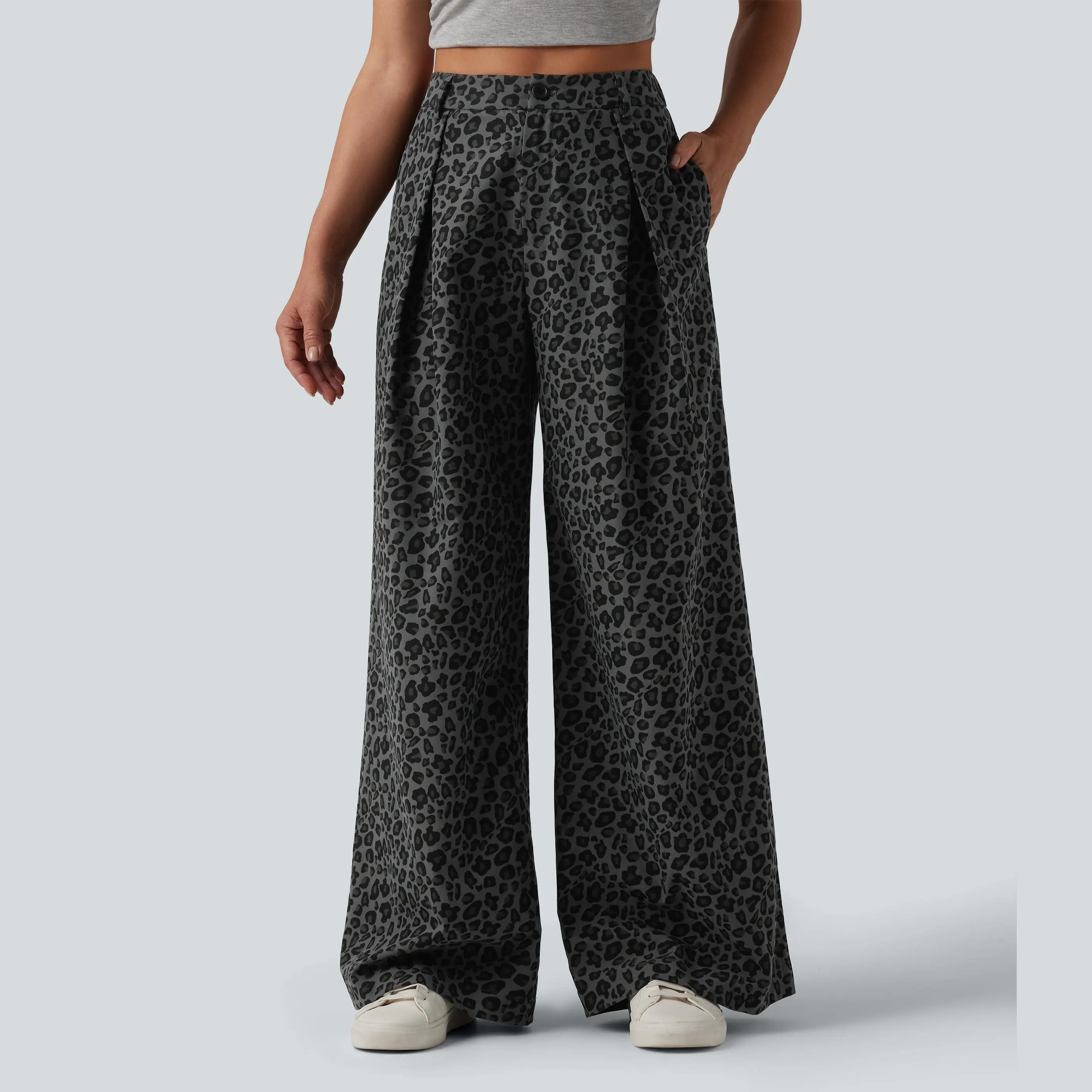 Halara Mid Rise Wide Leg Leopard Print Casual Pants with Pockets