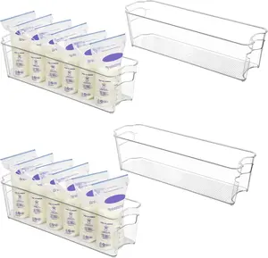 Breastmilk Storage Container 4PCS Set, Clear Freezer and Fridge Organizer Bins, Plastic Storage Bins for Breast Milk, Baby Pouches, Formula, Bottles and Yogurts, 4.3’’ Width, 14.7" Long