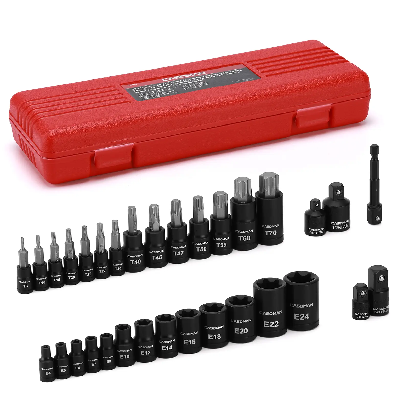 CASOMAN 32-Piece Torx Bit Socket and Female External Socket Set, 14 Star Bits (T8- T70) and 13 Female E-Torx Sockets (E4-E24), Include 5 Impact Socket