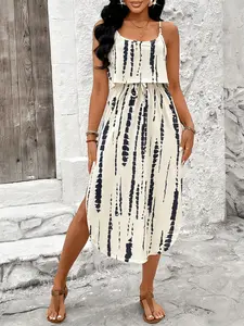 Women's Striped Drawstring Waist Bow Skirt Dress, Elegant Adjustable Sleeveless Short A-Line Design, Perfect for Party, Daily & Casual Wear, Spring, Fall & Summer Fashion
