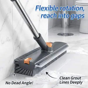 360° Rotating Floor Scrub Brush with Long Handle, 2 in 1 Cleaning Scrubber & Squeegee, Hard Bristle Brush for Bathroom Tile, Gap, Kitchen Floor, Shower, Deep Cleaning Home Supplies