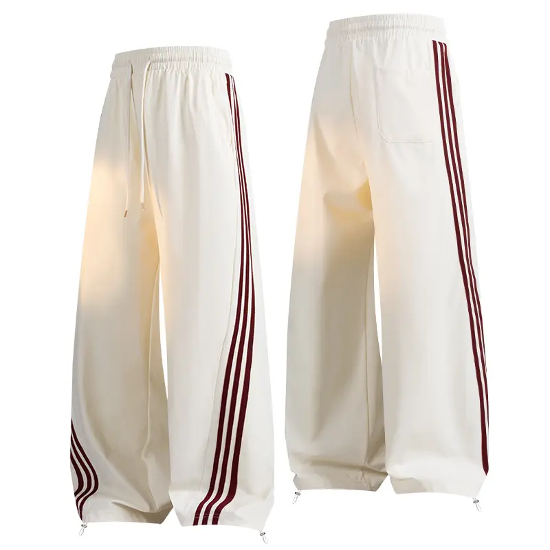 Men's Wide-Leg Relaxed Cut Activewear Sweatpants - Unisex Red Striped Side Stripe Polyester Bottoms with Adjustable Drawstring Waist, Tie-Hem Cuffs, Sport-to-Casual Versatility