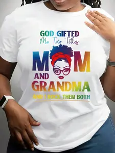 Maweii Plus Size Crew Neck Short Sleeve Letter Print Casual Summer Top, Everyday Wear