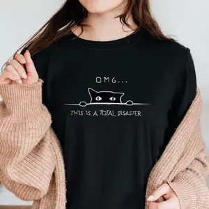 Shocked Cat OMG Total Disaster Meme T-Shirt, Funny Cat Lover Gift, Trendy Casual All-Season Unisex Tee