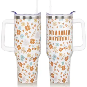 40 Oz Insulated Stainless Steel Tumbler Mug - Portable Drinkware with Handle, Straw, Lid, Indoor Use, Grandma Mother's Day Gift for Mom, Coffee Drinks