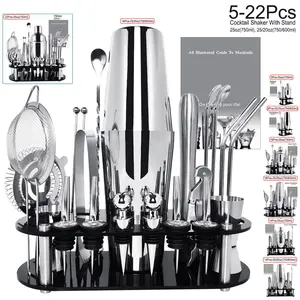 5-22 Piece Cocktail Shaker Set with Black Stand Cocktail Recipe, 25oz, 25/20oz Boston Shakers, 750/600ml Bar Tools Bartending Kit