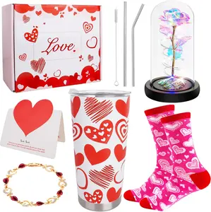 Valentines Day Gifts for Her, 8 PCS Romantic Gift Set Includes 20 oz Tumbler with Lid Straw Brush Rose Flower Socks Bracelet Thanks Card Gift Box