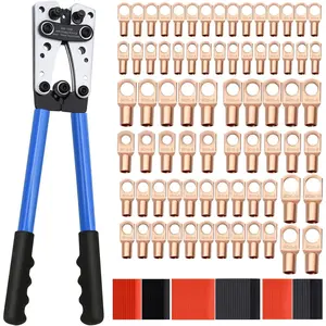 Cable Lug Crimping Tool with 74pcs Copper Wire Lugs, 100pcs Dual Wall Adhesive Heat Shrink Tubing, Wire Crimping Tool for AWG 10-1/0 Electrical Lug Crimper
