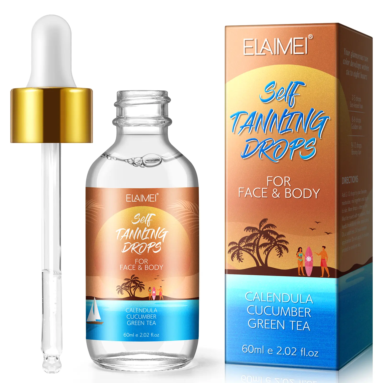 ELAIMEI Self Tanning Drops, Medium Color for Face & Body, Sunless Tanning, Bronzing Self-Tanners, Body Care, 60 ml (2.02 fl oz), Bronzing Body Self-Tanners, Self Tanning Body Self-Tanners