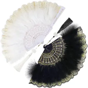 2 s Feather Hand Fan Embroidered Flower Marabou Feather Fan 1920s Feather Fan Hand Fan Folding Hand Fan Drag Queen Fan for 20s Women Costume Party Dancing Photoshoot Wedding Decor (White, Black)