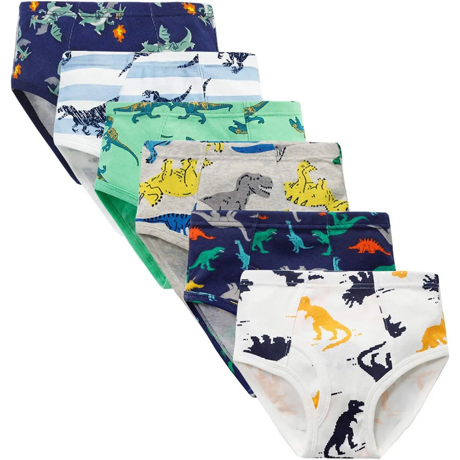 KF5-UWA02 Little Boys' 100% Cotton Soft Absorbent Underwear, Toddler Briefs with Dinosaur & Truck Prints, Breathable Underclothes, Elastic Underwear, Casual Youth Underwear