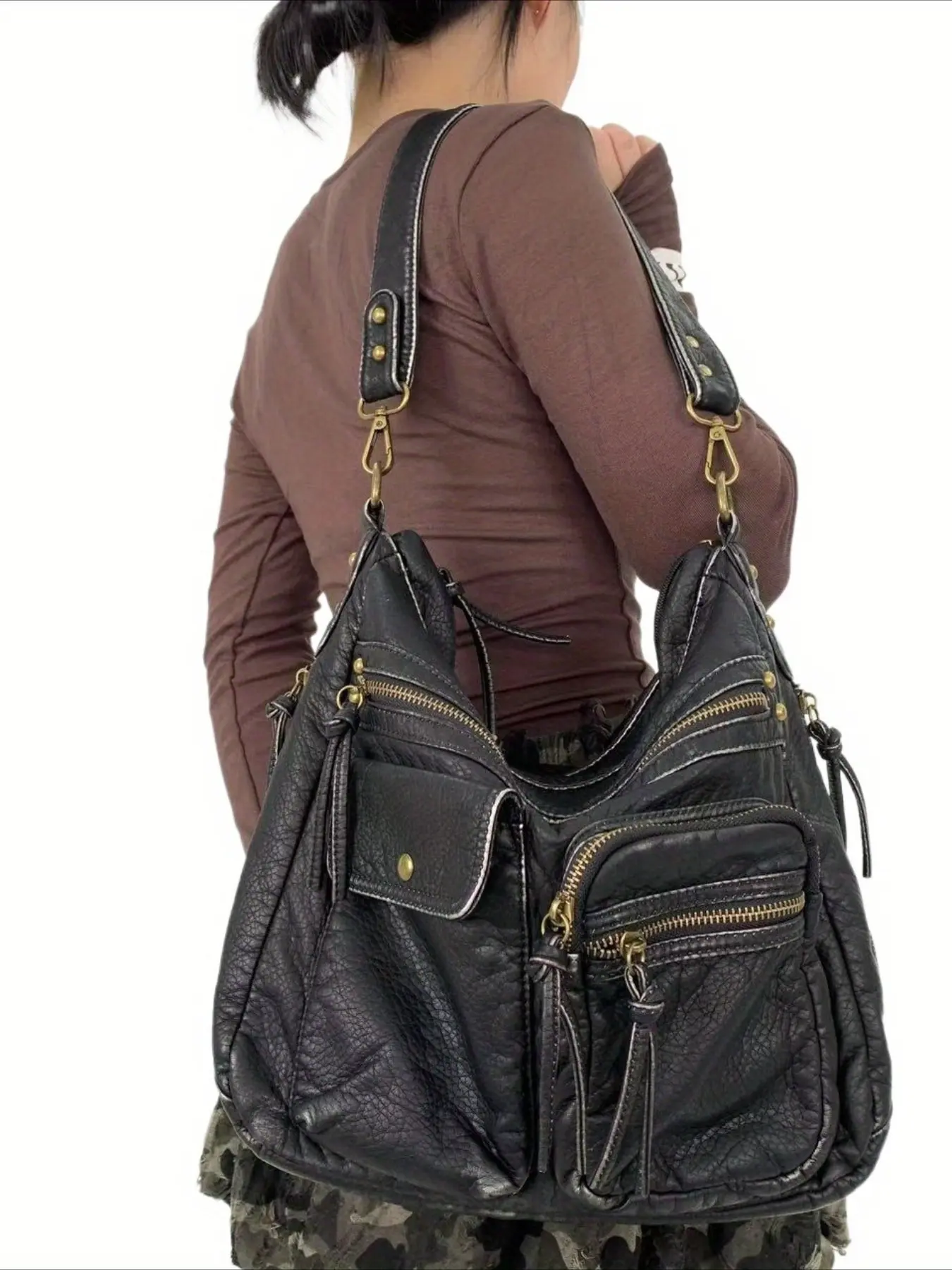 Ladies' retro Y2K spicy girl handbag, large capacity, multiple pockets, punk diagonal cross bag, washed and vegan bag, casual Hobo Crossbody Bag, Stylish crossbody bag, suitable for vacation, shopping, Faux Leather Bag