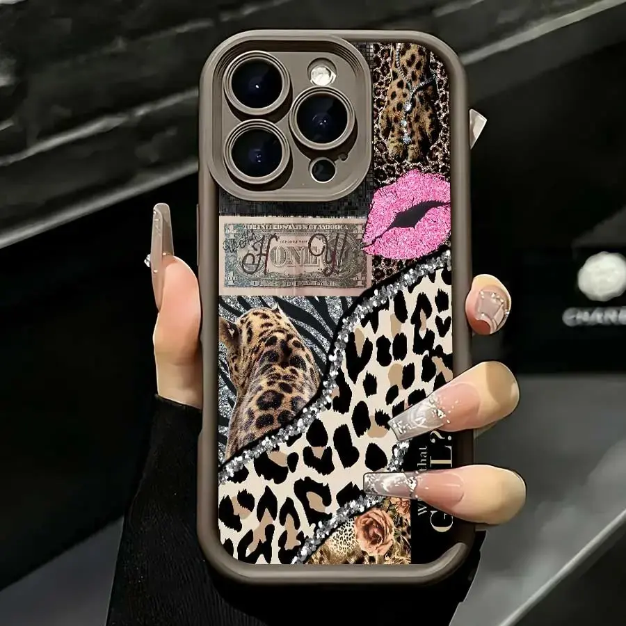 Y2K Spliced Glitter Leopard Tiger Print Brown Frame Silicone Case,Compatible With For Iphone17 Pro Max, 16, 15, 14 And 13. It Makes A Perfect Gift For Birthdays, Holidays