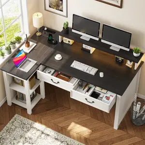 【dealsforyoudays】Raybee Luxry Vanity Desk without Mirror,L Shaped Gaming Desk 55‘’ With LED & 2 Drawers,Computer Desk with 2 Shelves & 3AC 125V Power Outlets for Home Office & Bedroom,Easy Assemble,Gaming Equipment with Monitor Stand