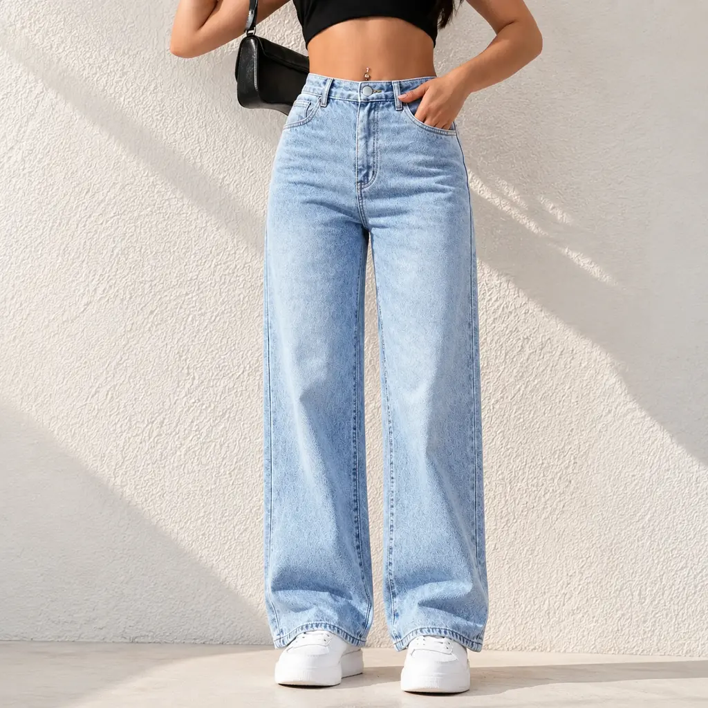 Summer New Women's Pants Light Blue High Waist Elastic Denim Jeans,High-waisted, loose-fitting straight-leg jeans, Casual Vacation Daily Versatile Wide Leg Pants Womenswear Trouser