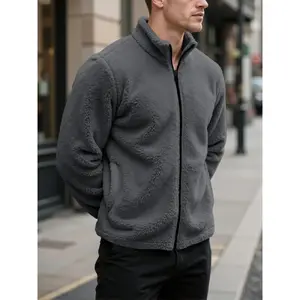 Men's Polar Fleece Jacket with Stand Collar, Slim Fit Elastic Technology, Bubble Sherpa Lining, Minimalist Embroidery & Hidden Zip Pocket, Casual Coat, Coats