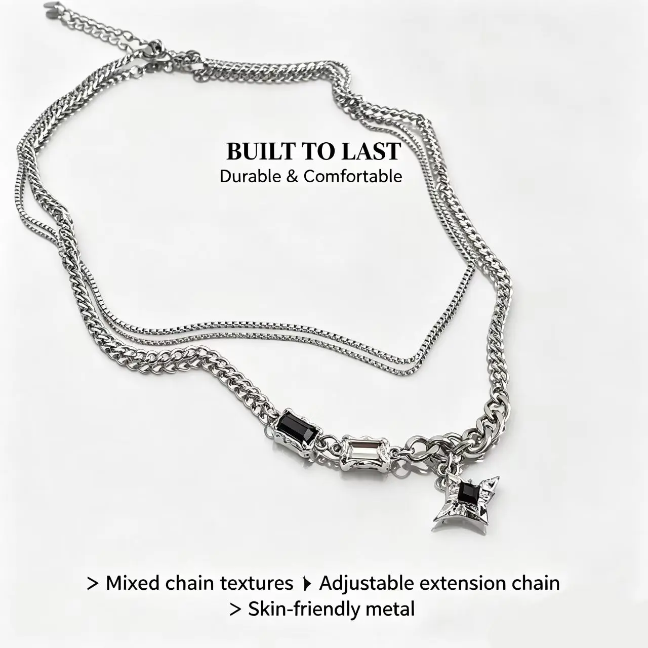 lack Zircon Star Double Necklace - Exquisite Silver Tone Layered Chains, Minimalist Couple Jewelry Gift for Him & Her.