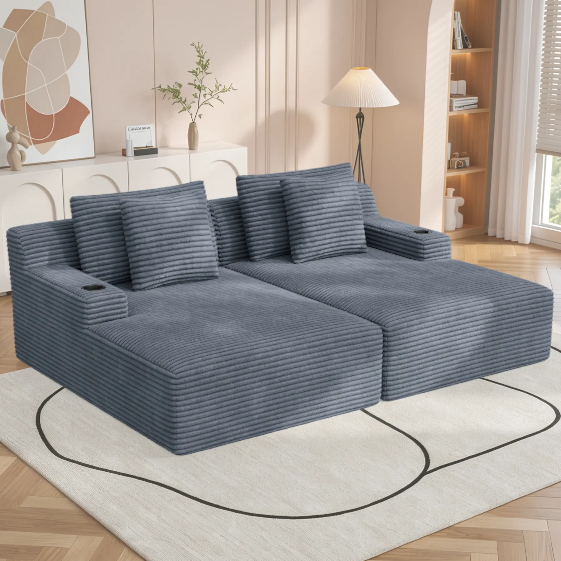 80'' Double Chaise Lounge Chair Indoor, Non-Assembly Deep Seat Sofa with Cup Holders Boneless Bed with 4pcs Pillows for Living Room Bedroom