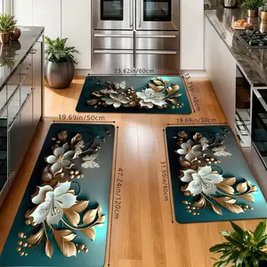 Teal & Gold Floral Butterfly Kitchen Rugs Set, Non-Slip Washable Floor Mats, 3D Luxury Flower Print Runner Carpets for Kitchen, Bathroom & Modern Home Decor