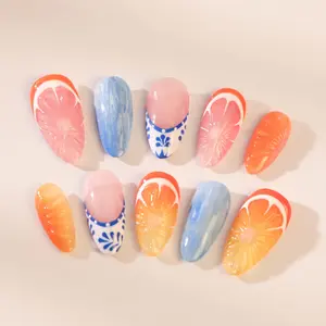 Hand-Painted Fruity Press On Nails: Summer Orange Crystal Nail Art