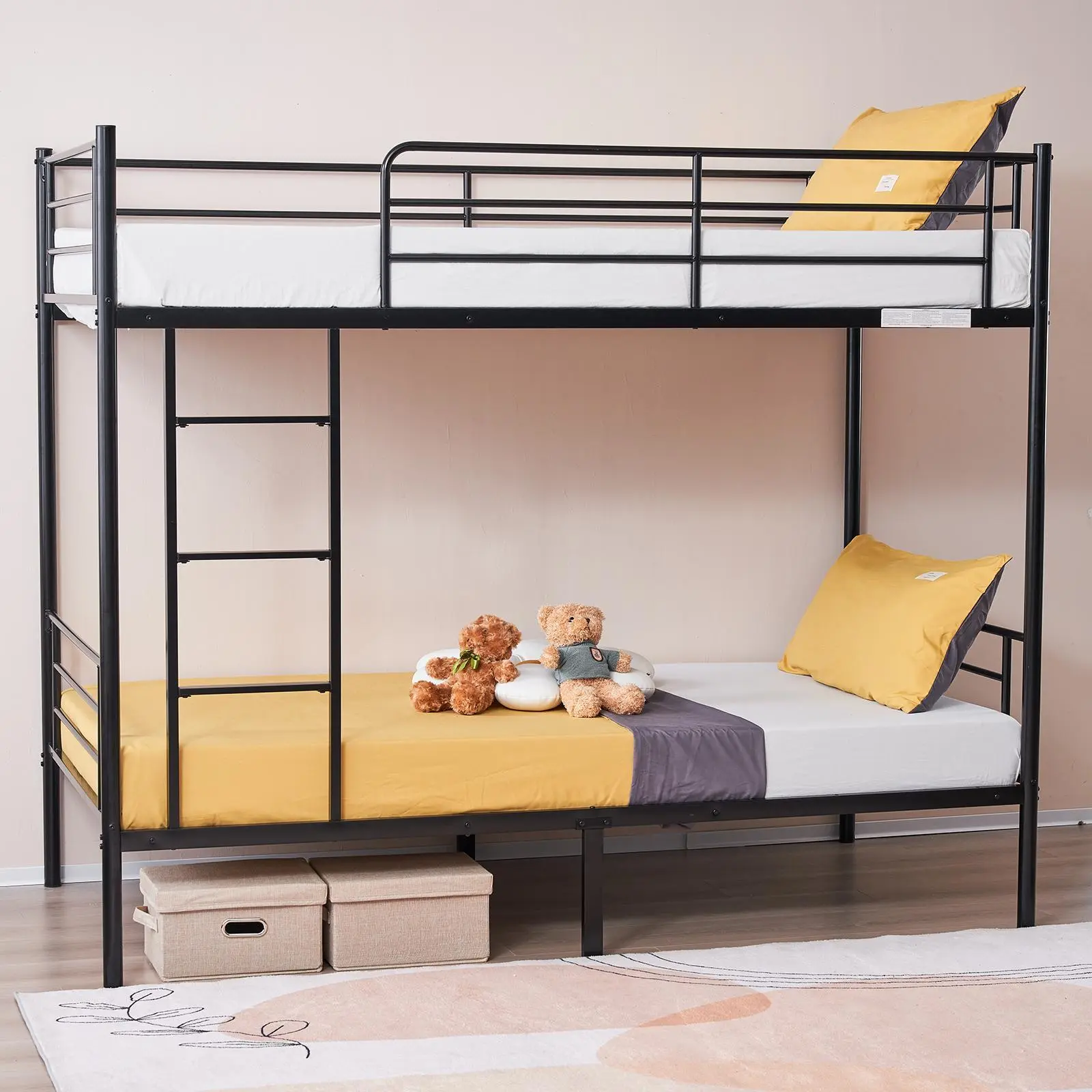 Black Iron Twin Size Bunk Bed with Ladder for Kids, Sturdy Heavy-Duty Kids Bunk Bed Frame for Bedroom Space Saving,dorm essentials,home decor