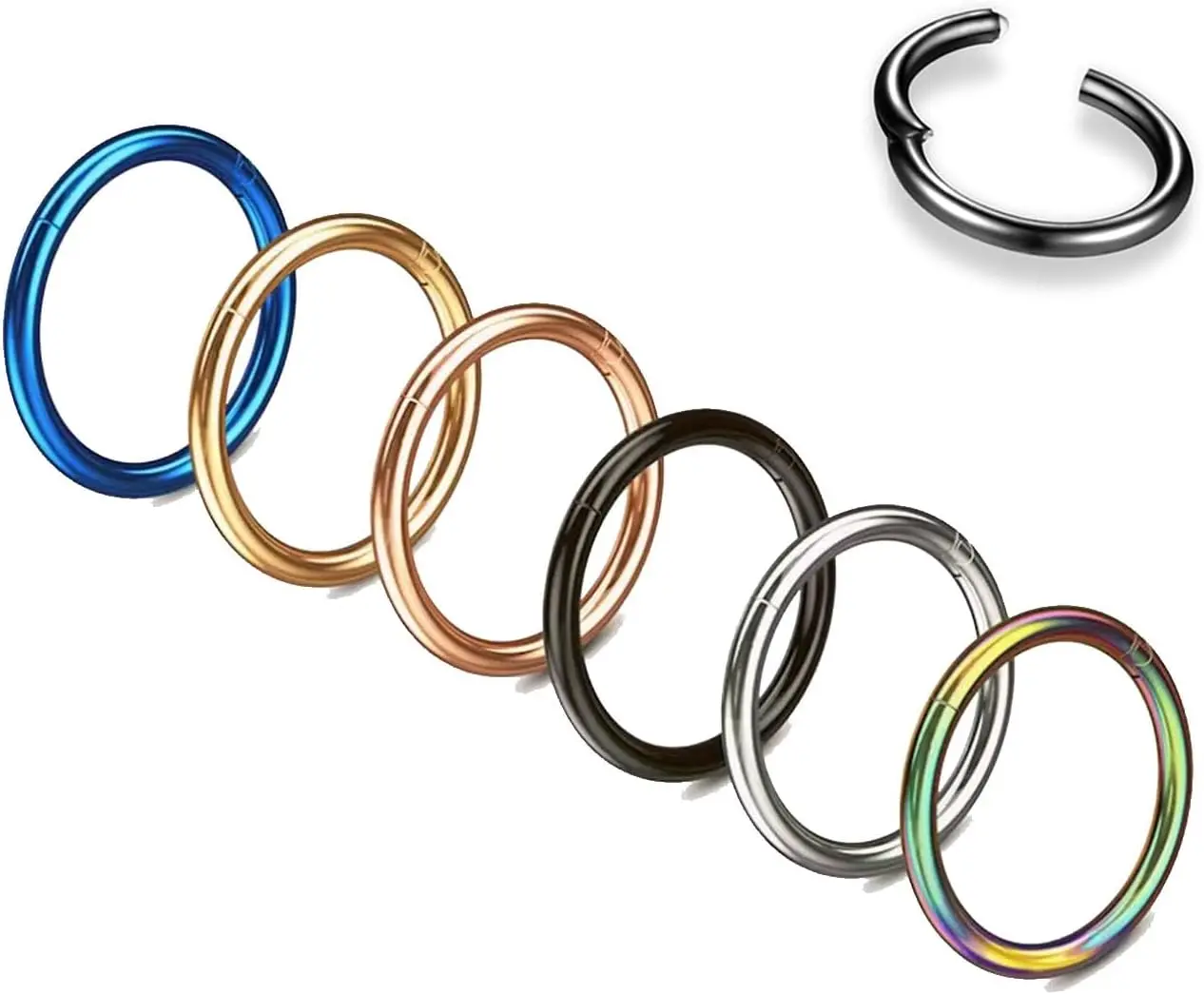20G 18G 16G 14G Nose Rings Hoops 316L Surgical Steel Hinged Clicker Segment Septum Nose Lip Rings for Women 6mm-12mm Black Rose Blue