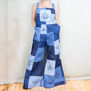 Patchwork Boho Denim  Wide Leg Jumpsuit, Cotton Flowy Dungarees, Bohemian, Hippie Bell Bottom Summer Rompers, One of a Kind 90s Overalls