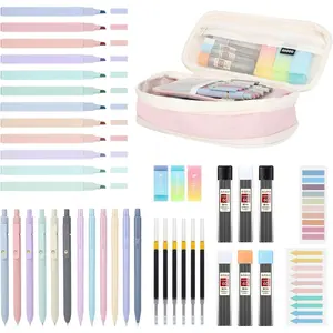 42 count Aesthetic School Supplies with Large Pencil Case, 12 Pastel Highlighters,6 Black Ink Gel Pens,6 Cute Mechanical Pencils Set 0.5 & 0.7 mm for Students Stationary College Essentials(Pink)