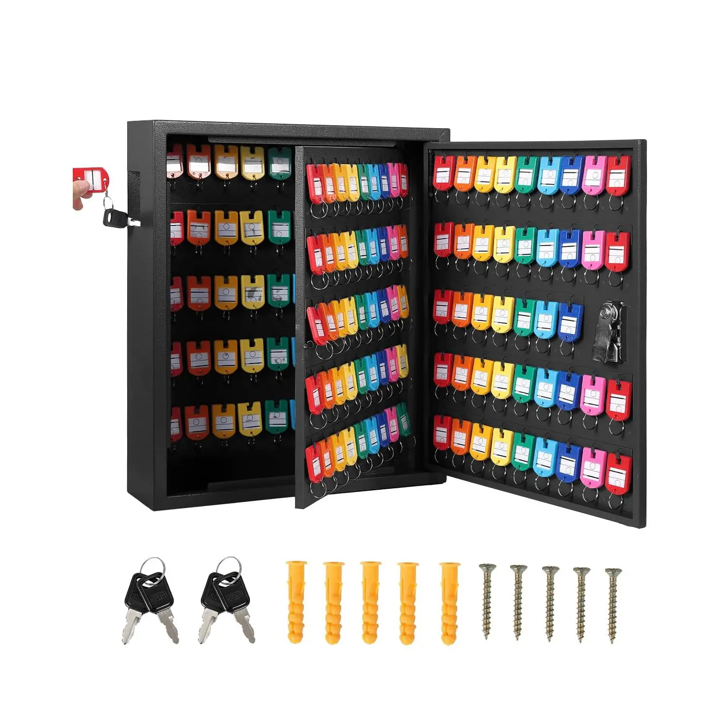 133 Keys Cabinet Organizer, Wall Mount Steel Key Lock Box with 2 Keys, 133 Hooks & Colored Tags, Secure Key Storage for Hotel, Valet, Office,Black