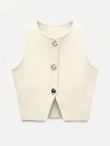 Women's Minimalist Short Vest, Slim Fit Sleeveless Metal Button Backless Top, Daily Casual Streetwear Layering Piece for Girls