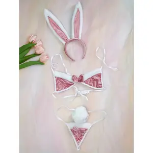 Bunny Ear Lingerie Set, Faux Fur Trim Bowknot Triangle Cups + Low Waist Panties, Rabbit Ears Party Halloween,sexy lingeries Underwear Aesthetic