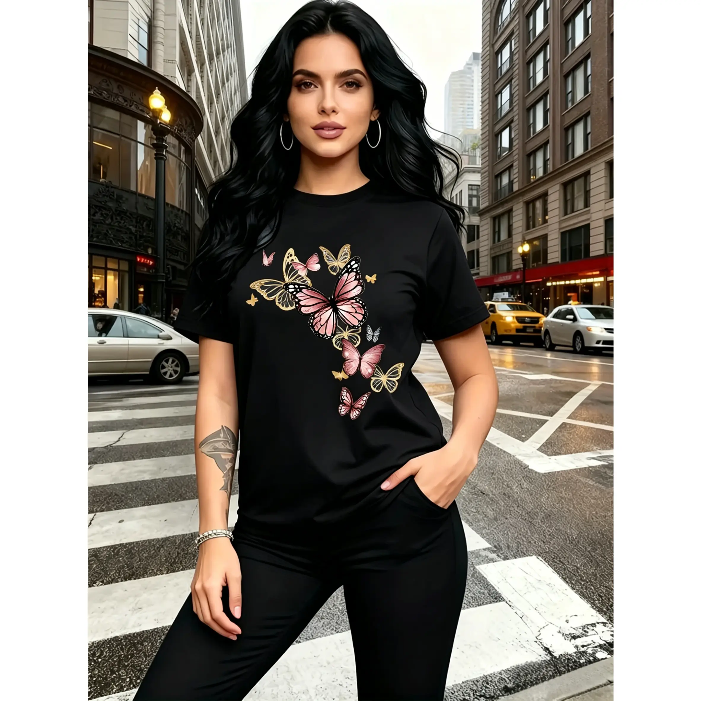 Basic T-Shirt for Women, Slightly Oversized Fit with a Watercolor Butterfly Graphic, Smooth 100% Cotton, Breathable Short Sleeve, Flat, Tshirt, Asymmetrical, Classic, Butterfly Print, Christmas, Machine Wash, Shortsleeve, Fabric, Printed, Tops, Comfy Casu