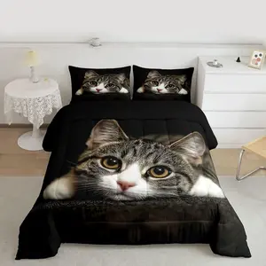 Feelyou 3D Cat Pattern Microfiber Bed Set, Machine Washable Duvet, Brown Grey Pet-Themed Bedding for Teens, Bedroom Home Decor Comforter