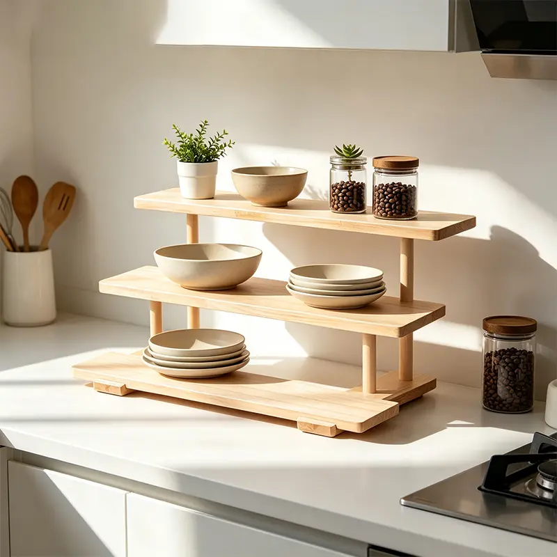3-Tier Rustic Wooden Riser Display Stand - Countertop Organizer for Perfume, Cosmetics; Tiered Serving Tray for Desserts, Spice Storage, Action Figure Collectibles
