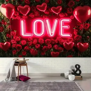 1pc Neon Love Backdrop Red Pink Heart Rose Design for Wedding Birthday Party Romantic Photo Studio