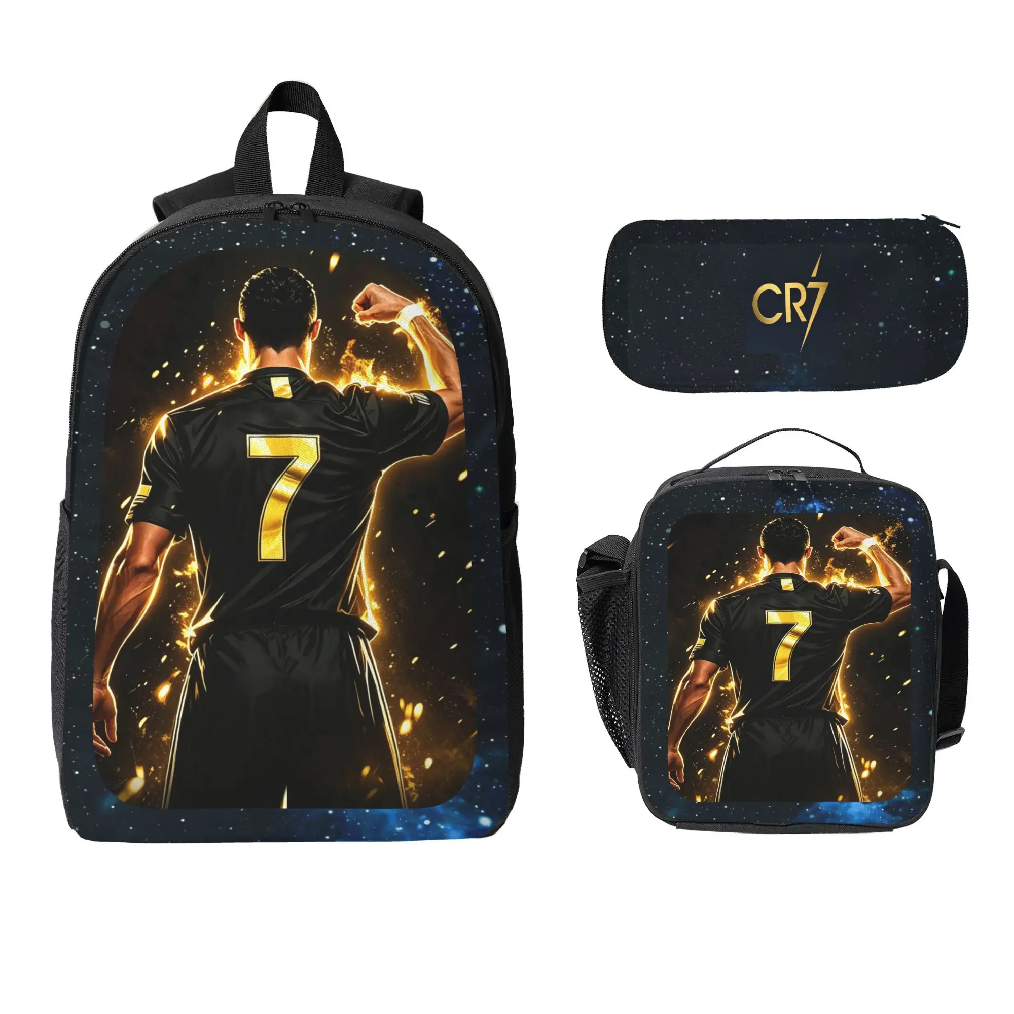 CR7 17-in Sports Backpack 3-Piece Set, School Supplies Bundle with Lunch Bag & Pencil Case, Back-to-School Gift, Travel Daypack