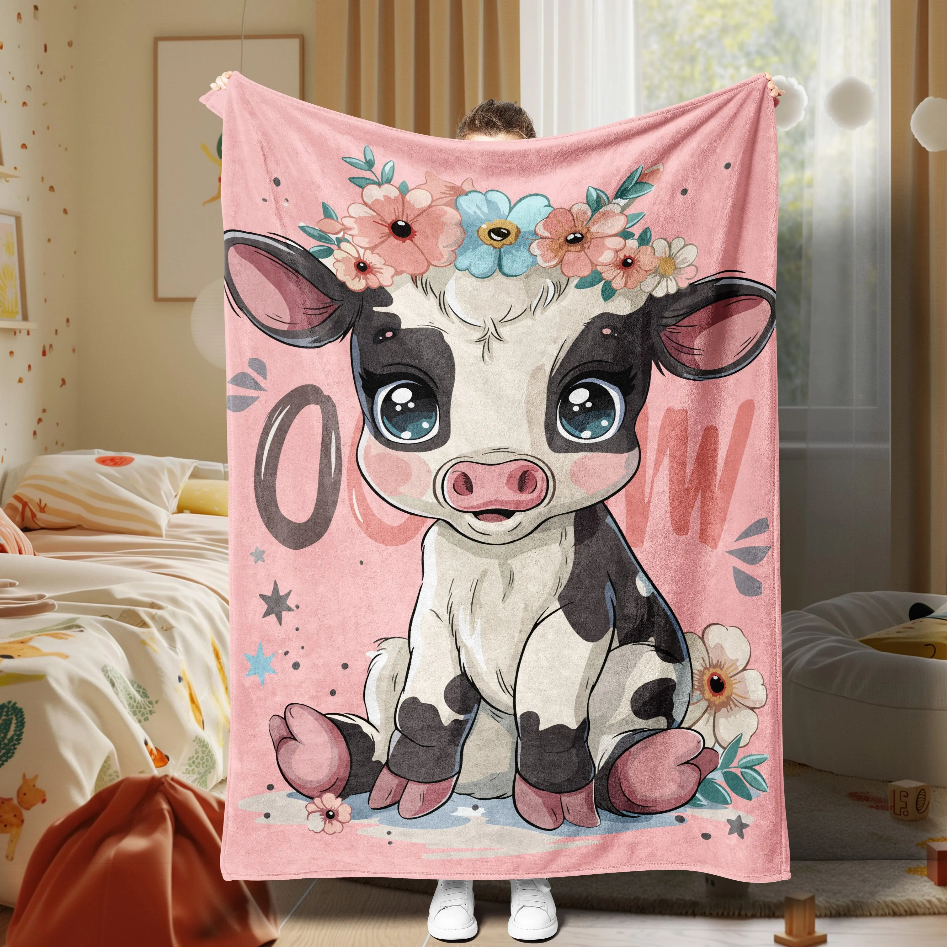 Cute Cow Pattern Flannel Blanket Cartoon Cozy Fuzzy Plush Comfy Throw Blanket, Sofa Office Travel Bedroom Dorm Blanket Christmas Halloween Birthday Gift for Teen Boys Girls