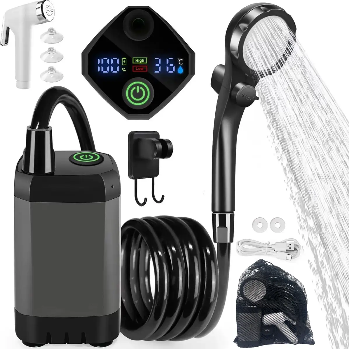 Portable Shower Set For Home, 6000mAh Rechargeable Shower With Intelligent LED Display, 4 Spray Modes, IPX7 Waterproof, 3-in-1 Hook Design, 120 Min Runtime, Water Pump For Home Shower, Hotel, Hiking, Outdoor Camping, Pet Cleaning, Car Washing, Beach Use