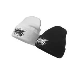 Unisex Gothic Punk Embroidered Knit Beanie Solid Color Adjustable Skull Cap Soft Acrylic Warm Winter Streetwear Couple Ski Headwear