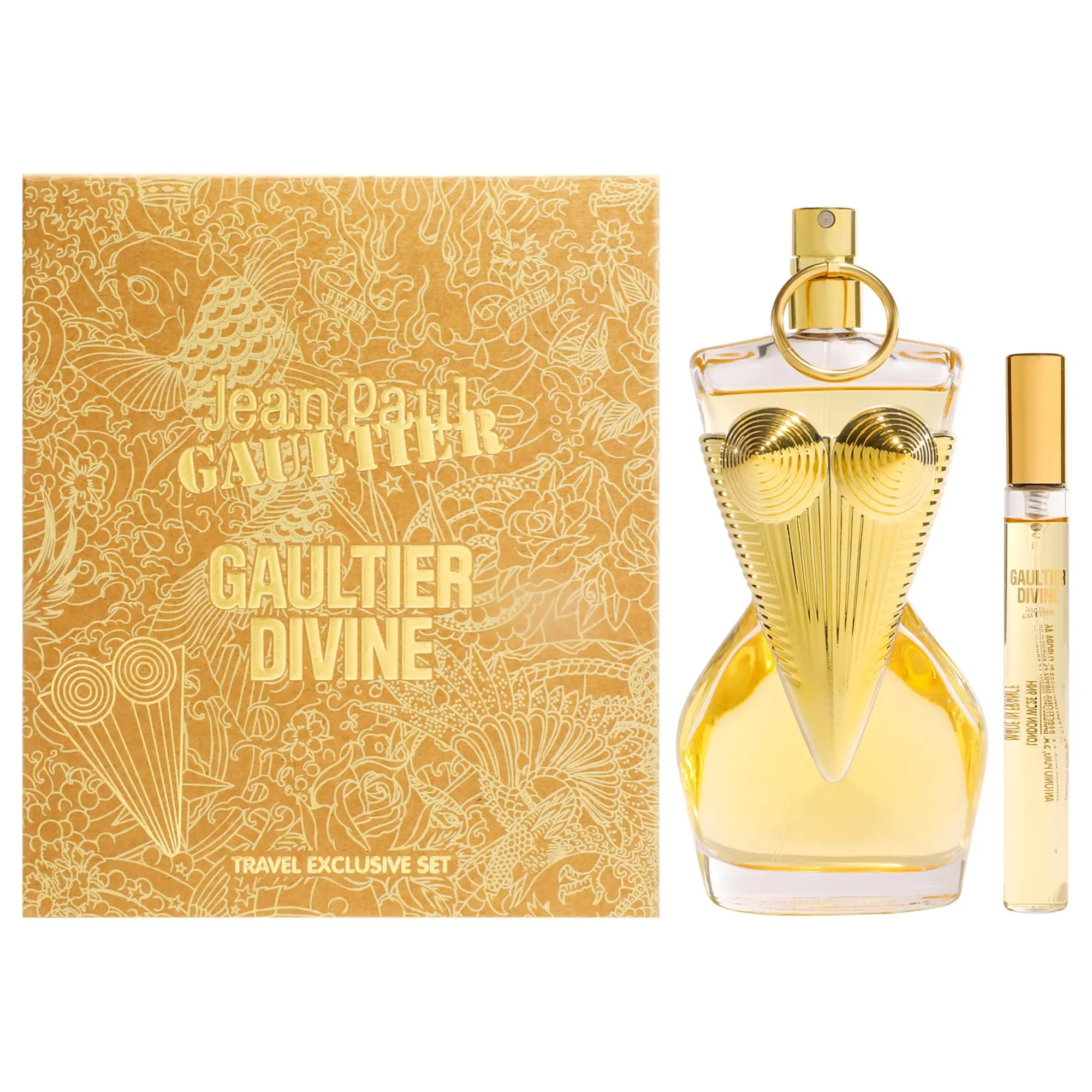 Women's Divine by Jean Paul Gaultier Luxury Golden Theme 2-Piece Set - 3.4oz EDP Spray, 0.3oz Travel Size EDP Spray Mini, Luxury Gift for Fragrance Enthusiasts