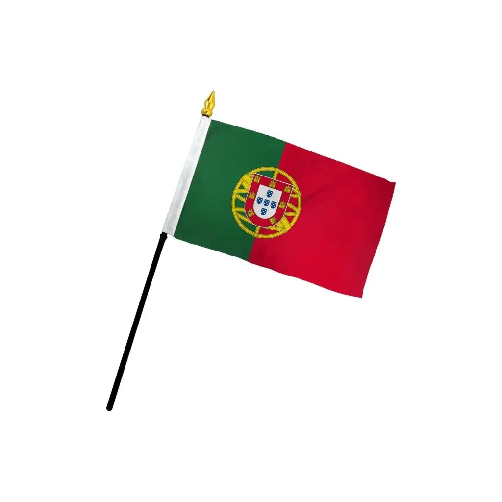 4x6 in Polyester Portugal Plastic Stick Flag - 3/16 in Diameter, Bright Print, Stitched Edge, No Cheap Heat-Cut, Plastic Gold Spear Finial, Desk Display, Parade Ready, Single Flag (Home & Festive Party Supplies Backdrop Accessory)