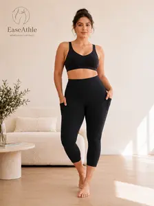 EaseAthle women’s high-waisted capri leggings with side pockets, tummy control and peach lift yoga pants with a contoured back design, soft stretch workout, Pilates and everyday casual pants