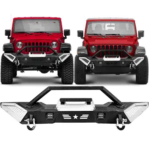 Front Bumper - Compatible with 2007-2018 JP Wrangler JK/JKU & 2018-2024 JL/JLU, Off-Road Rock Crawler Full-Width Bumper with Winch Plate, LED Lights, D-Rings & DIY White Paintable Armor，Cars accessories