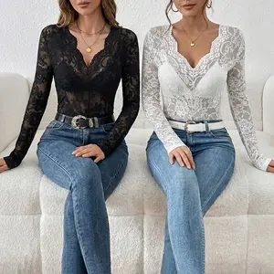 2026 2PC Women's Sheer Floral Lace Cover Up Top Elegant Scallop Trim Long Sleeve V Neck Top for Party Holiday Vacation