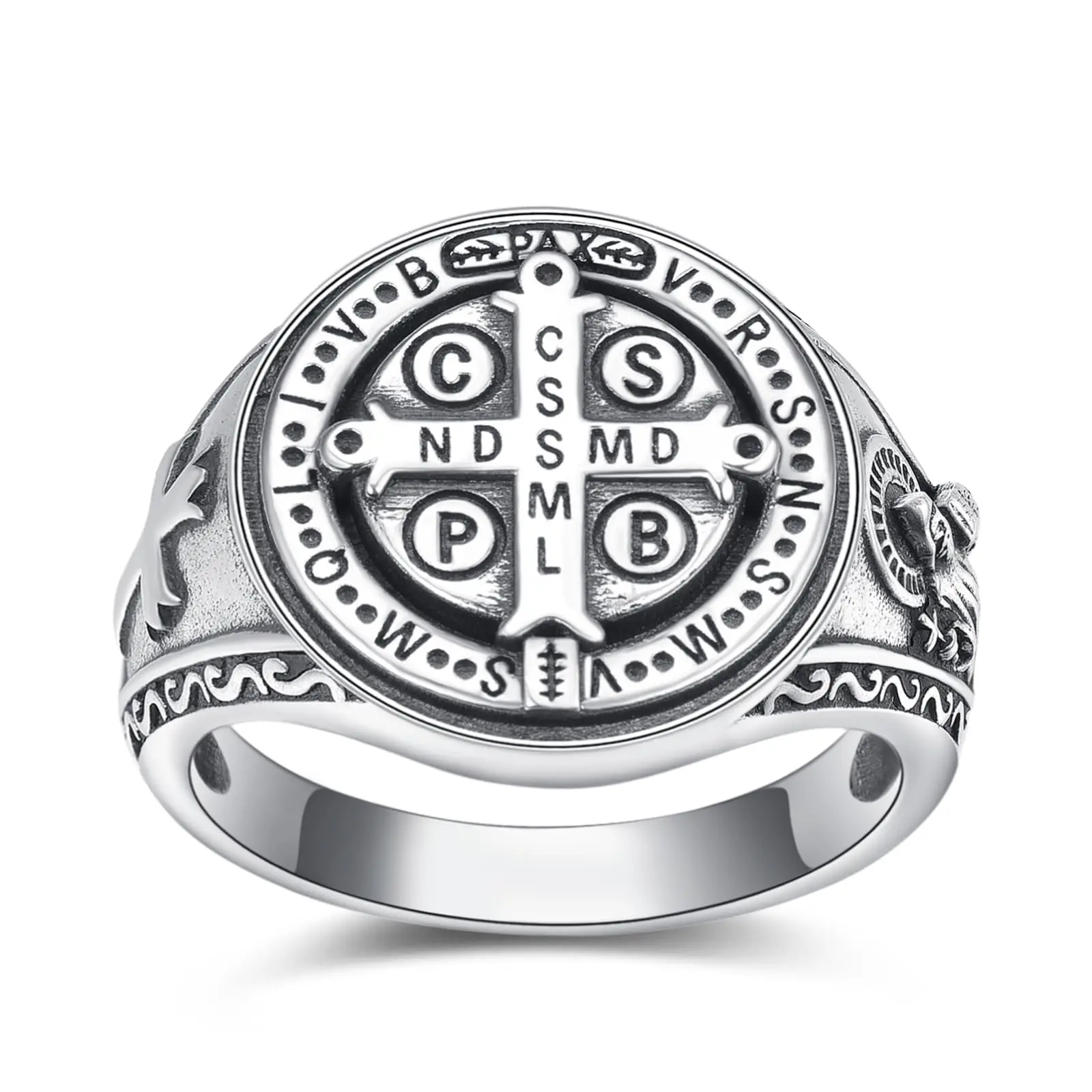 925 Sterling Silver St Benedict Rings Exorcism Saint Benedict Ring Medalla de San Benito Jewelry Protection Religious Gifts for Men Rings TikTokShopBlackFriday