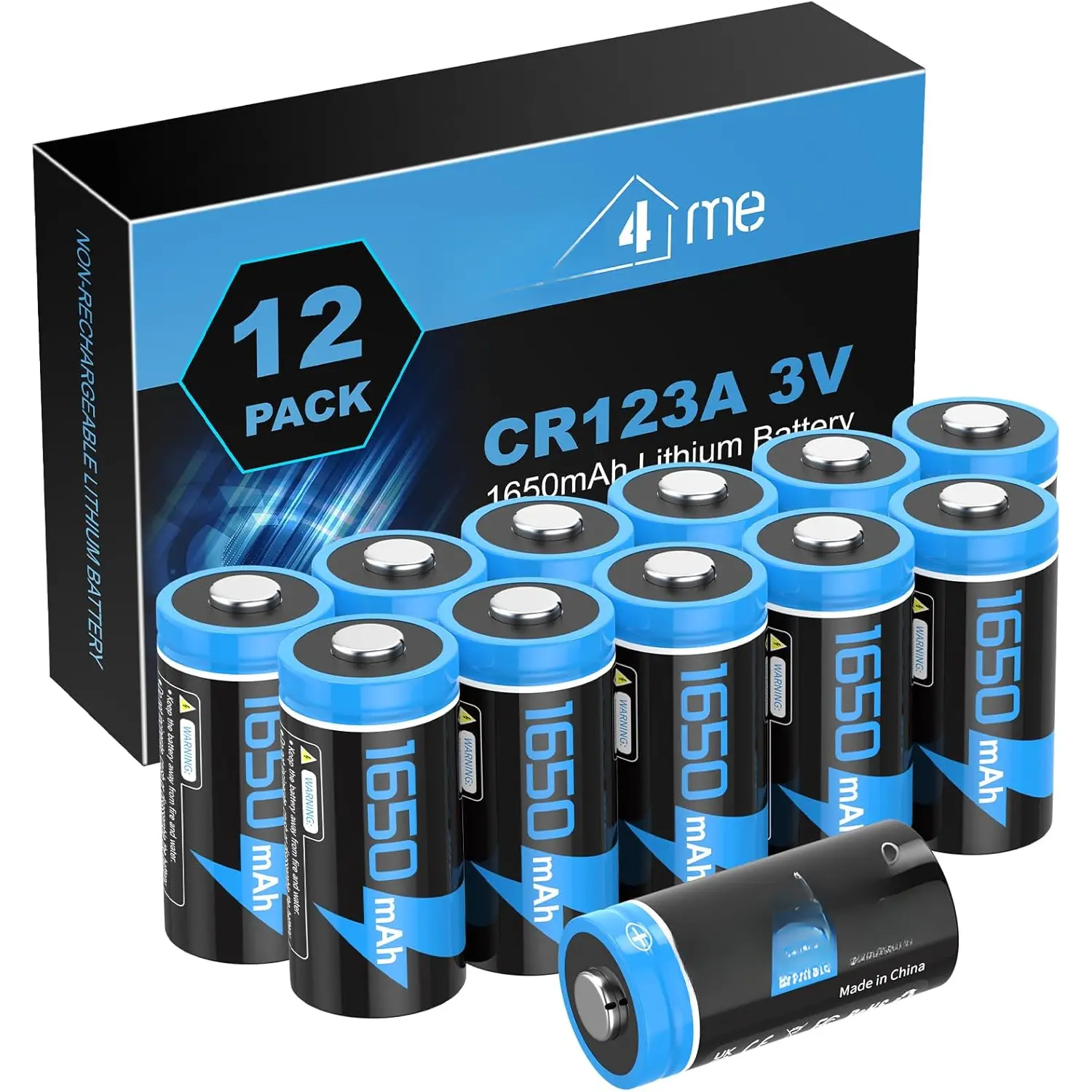 CR123A (CR17345 Equivalent) Lithium Battery - 3V, 1650mAh, 10-Year Shelf Life, High Capacity for Flashlights, Non-Rechargeable 12-Pack