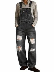 utcoco Classic Denim Overalls for Women, Spring & Autumn Stylish Women's Wear, Full Body Buckled Strap Overalls with Adjustable Straps & Ripped Distressed Details