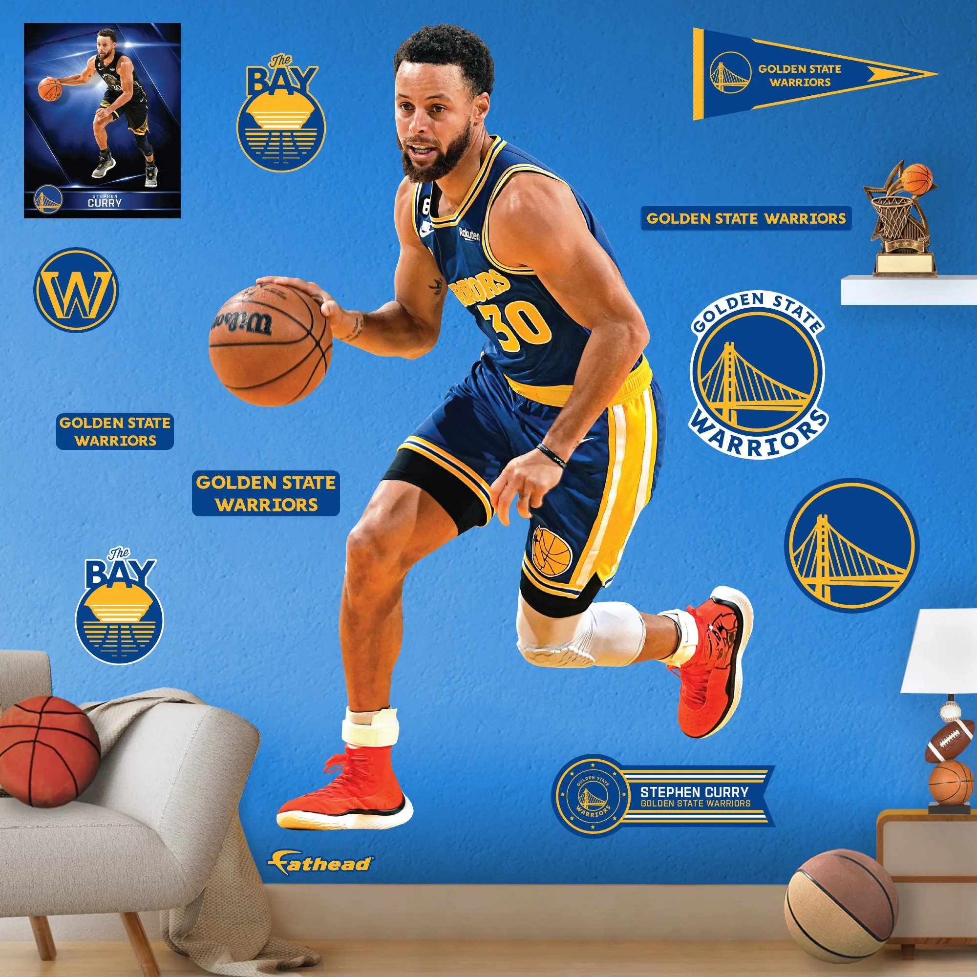 Official NBA Golden State Warriors Steph Curry #2 Jersey Print Decorative Sticker - RealBig Classic Reusable Vinyl Athlete Wall Stickers & Murals, Scratch-Res., Die-Cut Edge, Easy-to-Apply Aesthetic Room Decor