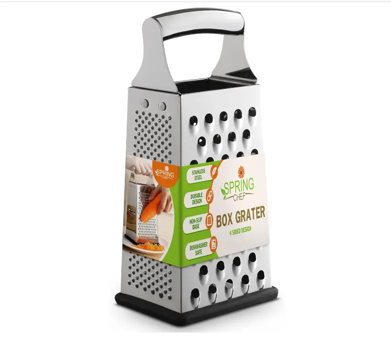 Spring Chef Professional Large Parmesan Cheese Grater, Stainless Steel Metal Box Grater with Handle, 4 Sided Handheld Kitchen Food Shredder for Cheese, Carrot, Veggie, Ginger, Potato - Dishwasher Safe