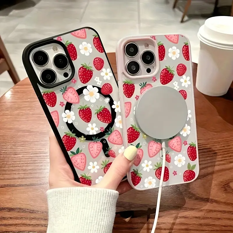 Strawberry Flower Pattern Premium Magnetic Smartphone Case, Transparent Ultra-Thin Acrylic TPU Shell for iPhone 11 12 13 14 15 16 17 Pro Max Air Plus, Fashionable Y2K Women's Summer Cellphone Accessory, Handheld Device Protection